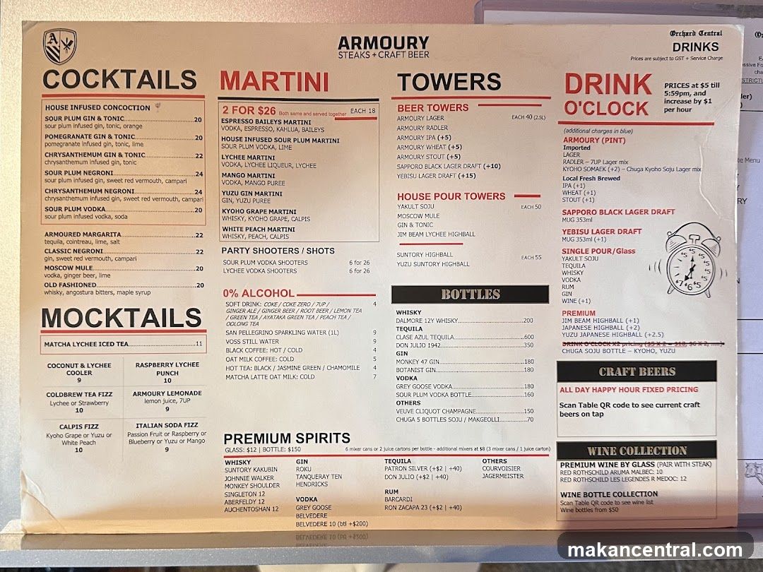 Armoury Steaks + Craft Beer Menu