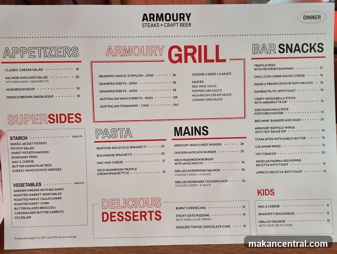 Armoury Dinner Menu