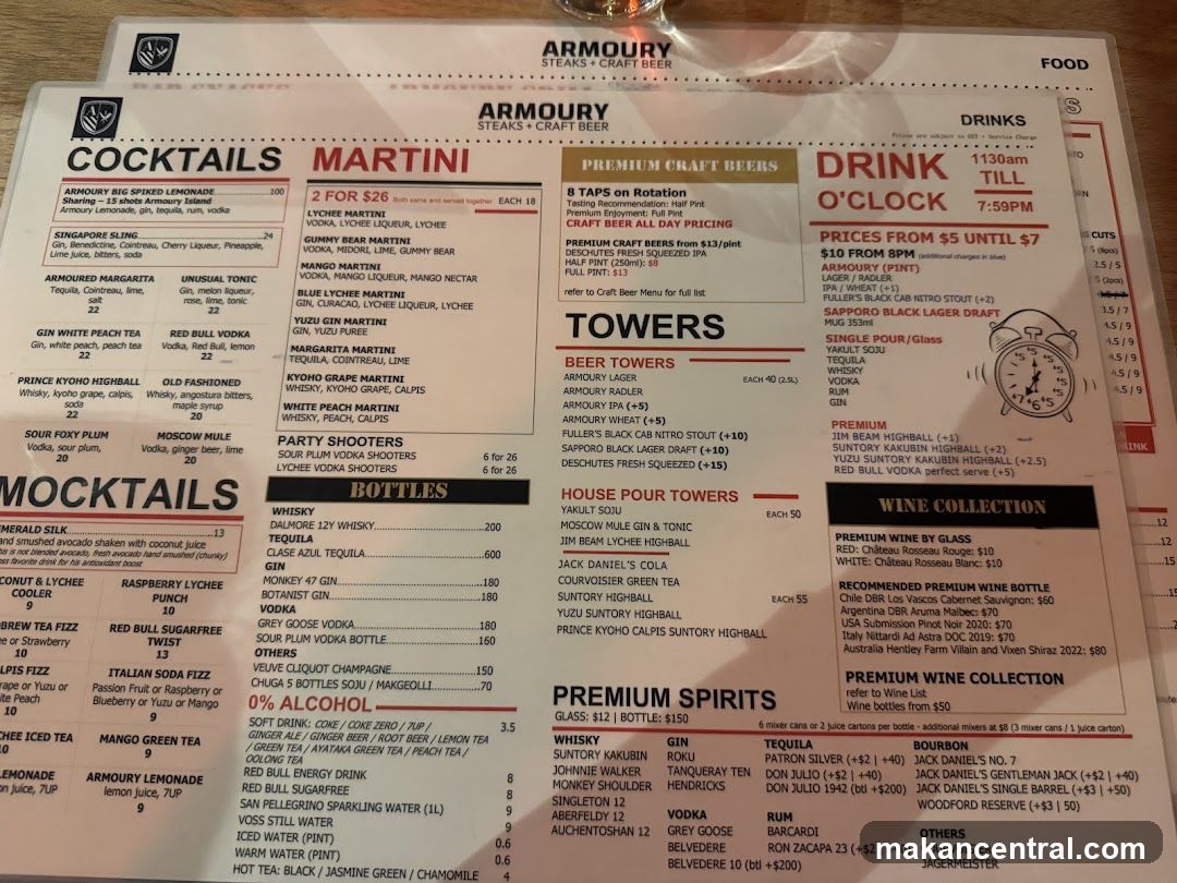 Armoury Steaks & Craft Beer Menu