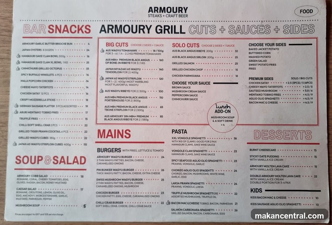 Armoury Grill Menu