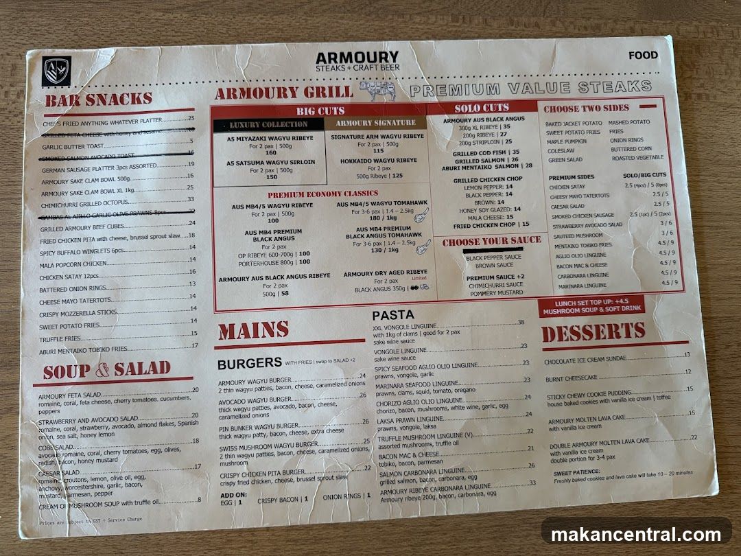 Armoury Steak & Craft Beer Menu