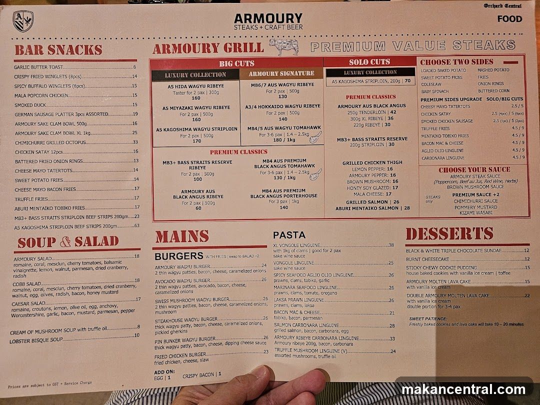 Armoury Steaks + Craft Beer Menu
