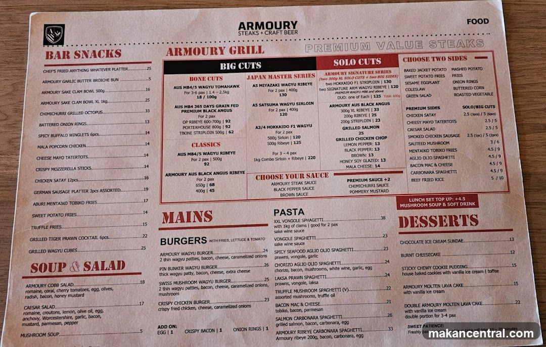 Armoury Steaks & Craft Beer Menu