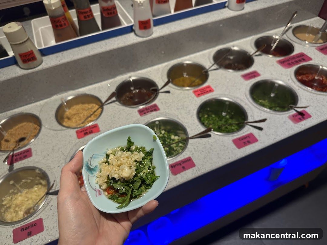 Hand holding a bowl of prepared ingredients in front of a self-service condiment station