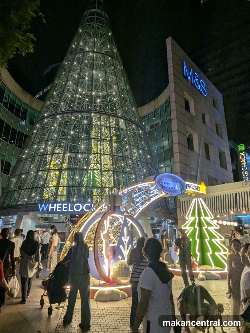 Nighttime shopping district with Christmas decorations
