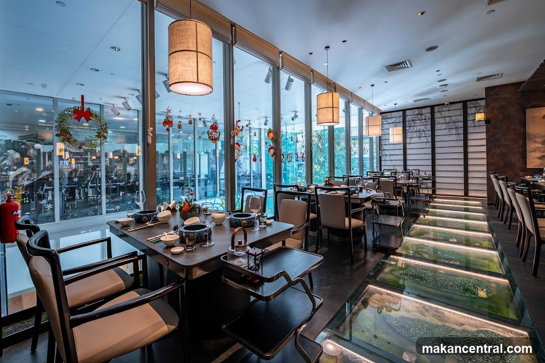 Restaurant Interior with Glass Floor and Christmas Decorations