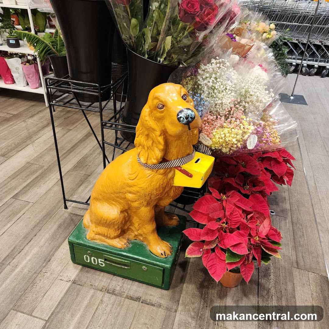 Floral Display with Dog Statue