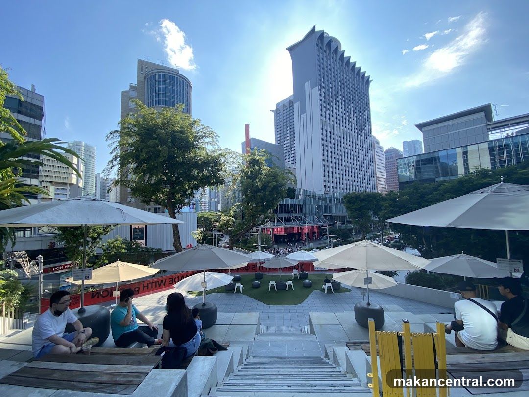 Outdoor seating area in urban plaza