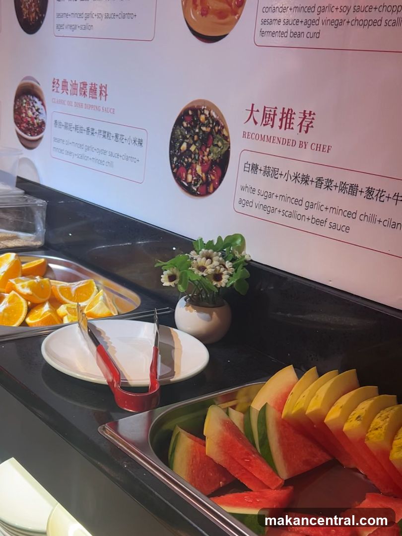 Food buffet display with dipping sauce options