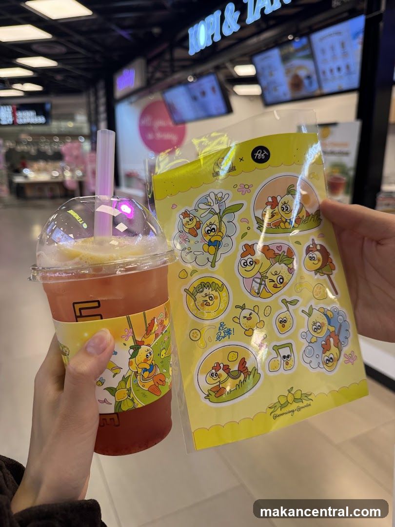 Handheld drink and sticker sheet in a shopping mall