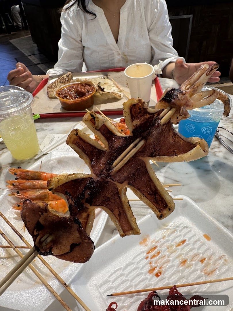 Dining Scene with Seafood Skewers