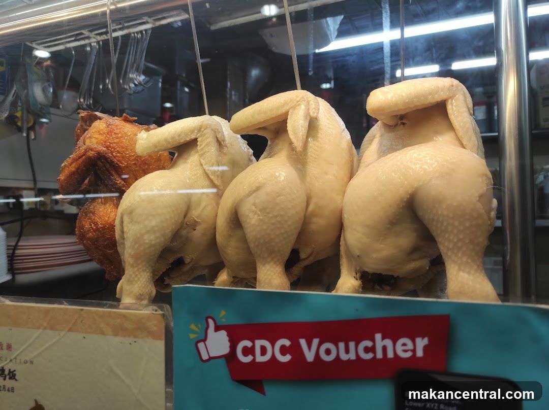 Roasted chickens on display