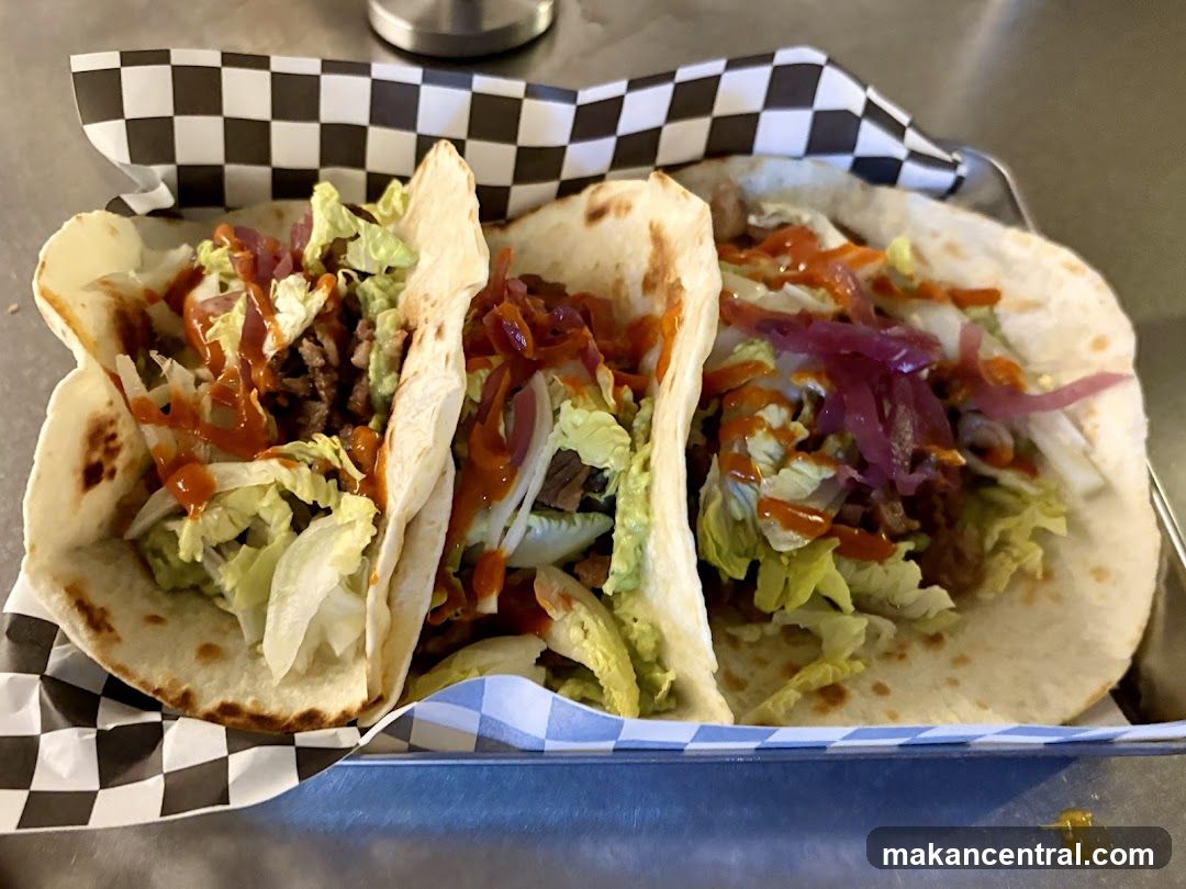 Tacos in checkered paper tray