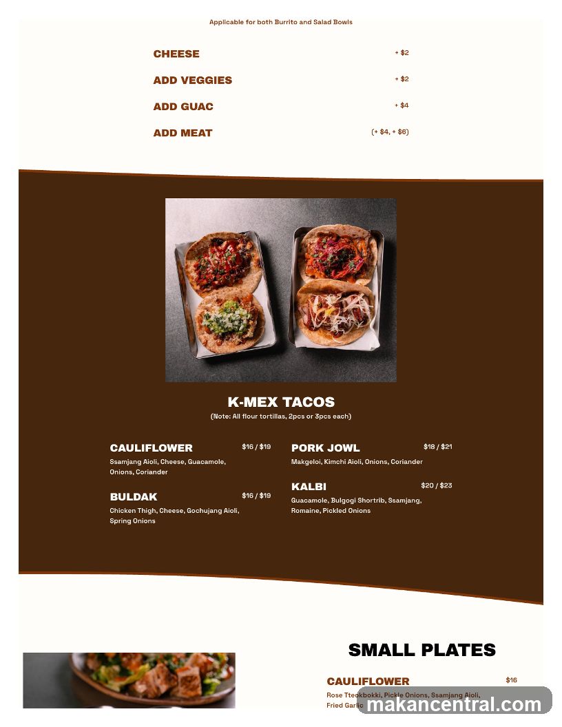 K-Mex Tacos Menu