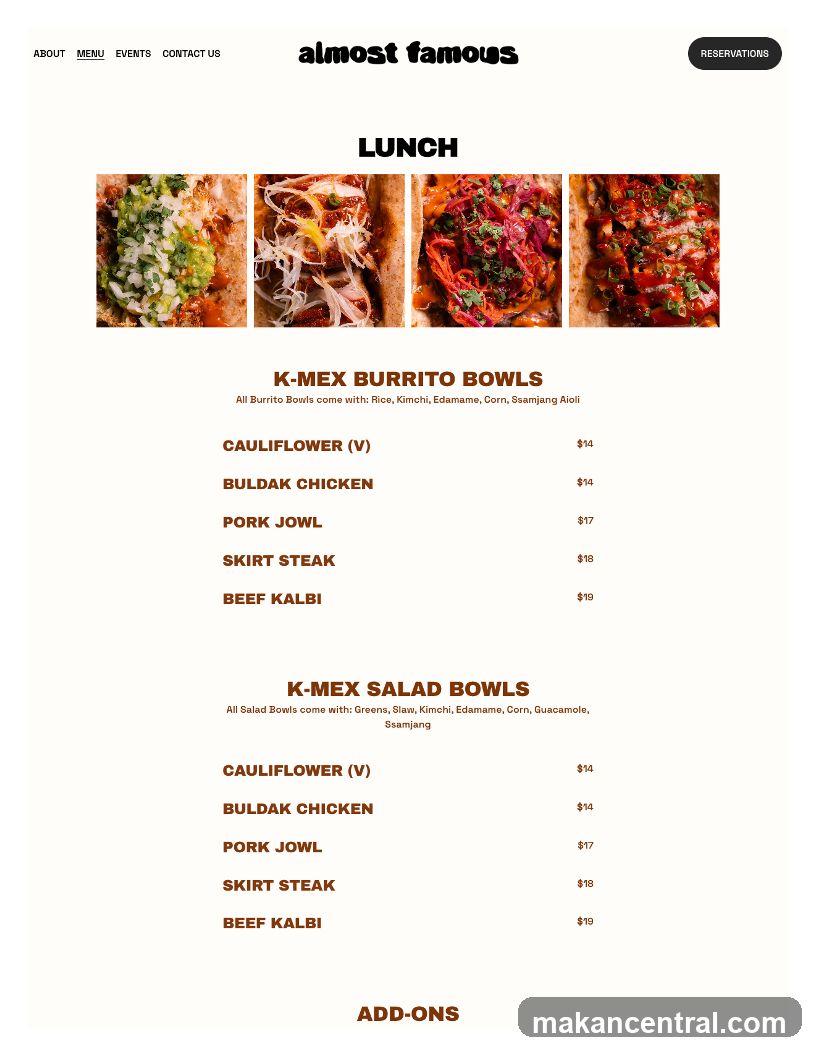 Lunch Menu - Almost Famous