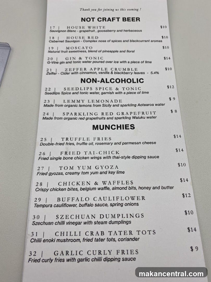 Not Craft Beer & Munchies Menu