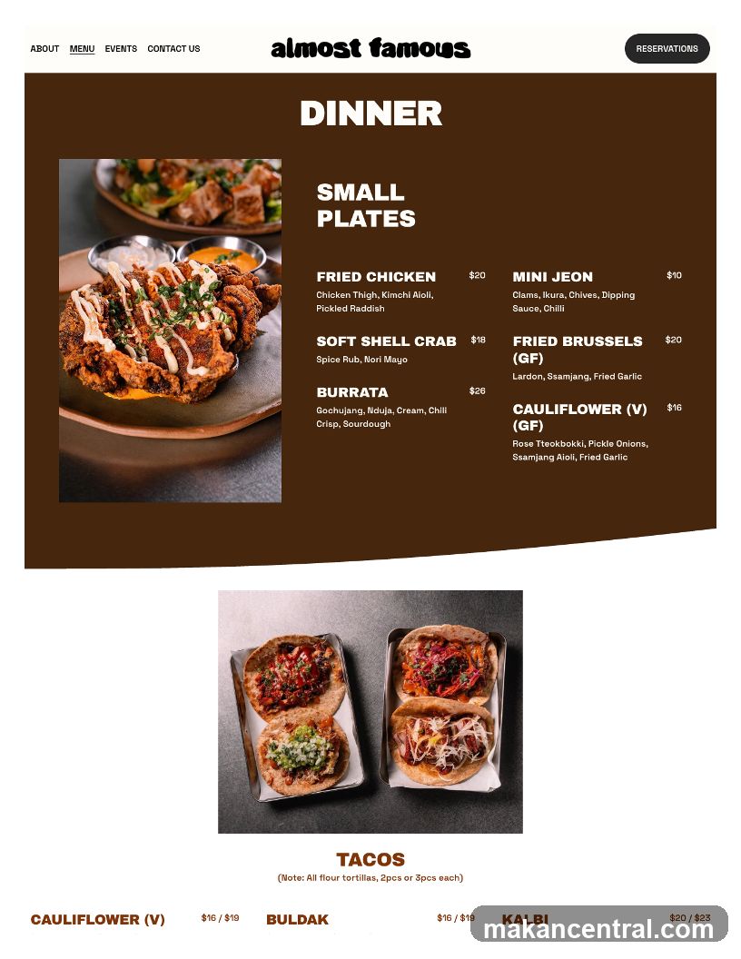 Almost Famous Dinner Menu