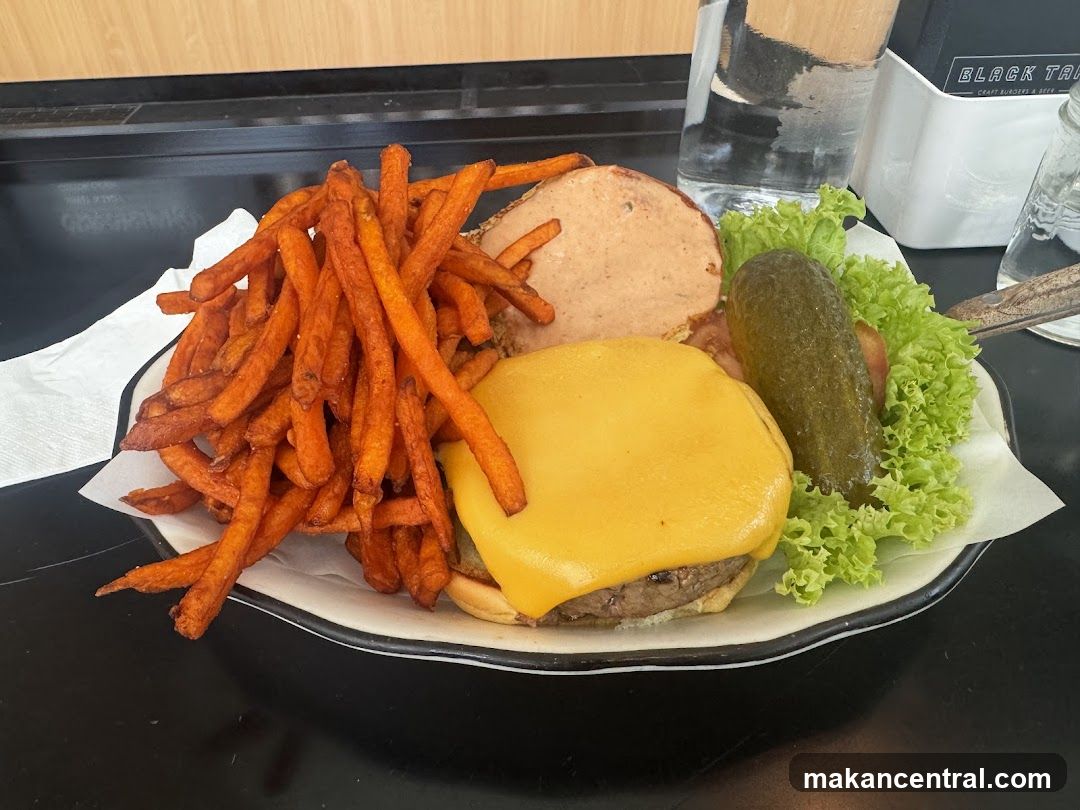 Burger and fries on plate