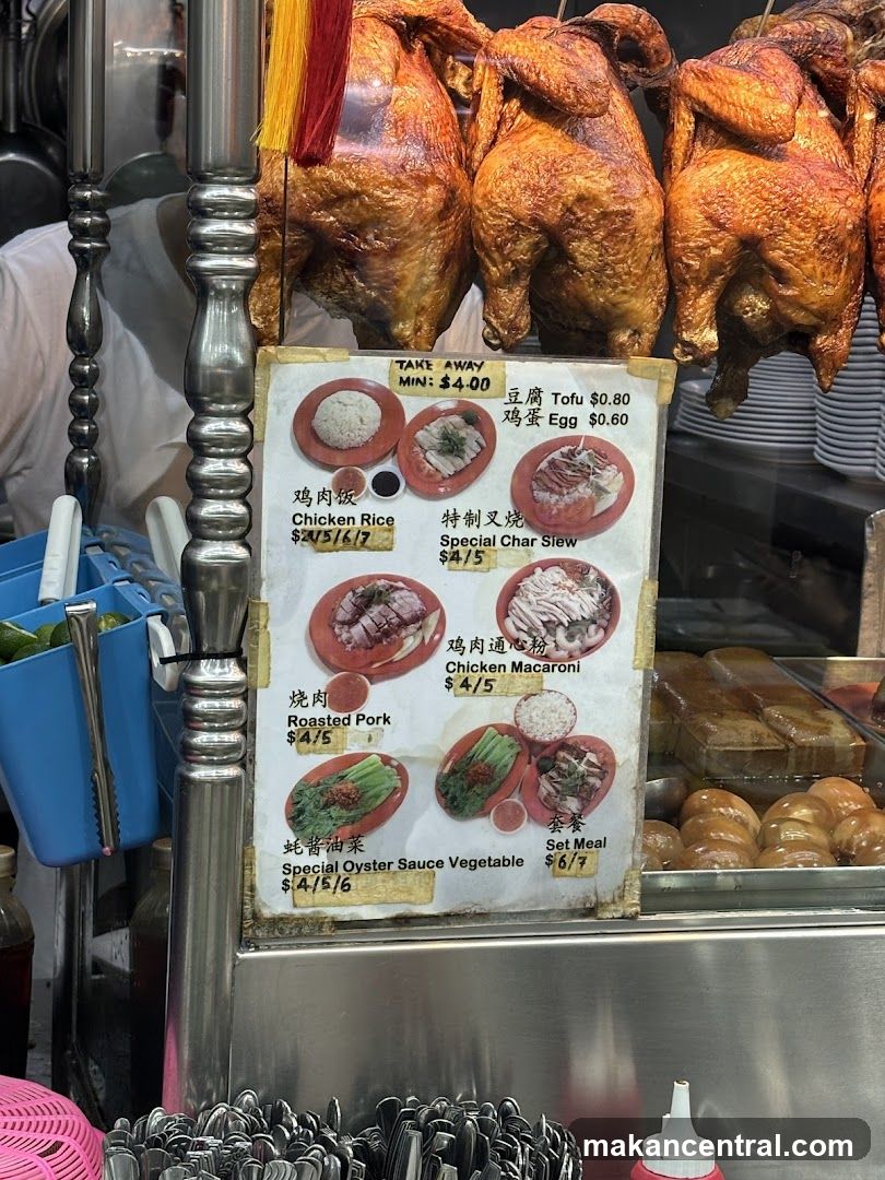 Food stall menu with roasted chickens