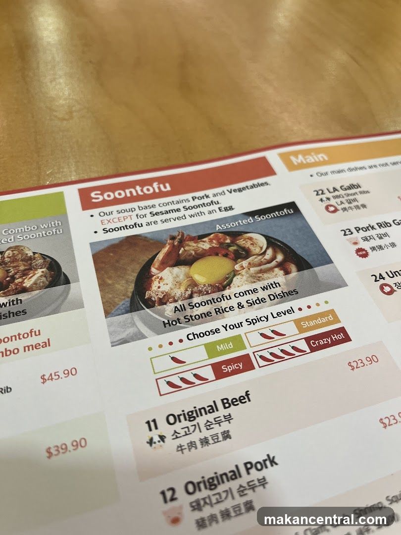 Soontofu Menu Section