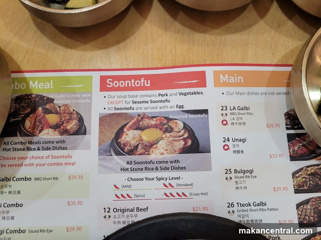 Soontofu Menu Section