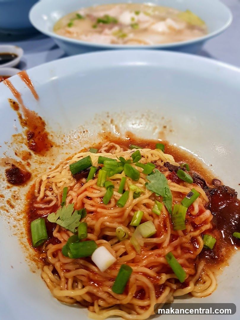 Noodles with sauce and garnishes