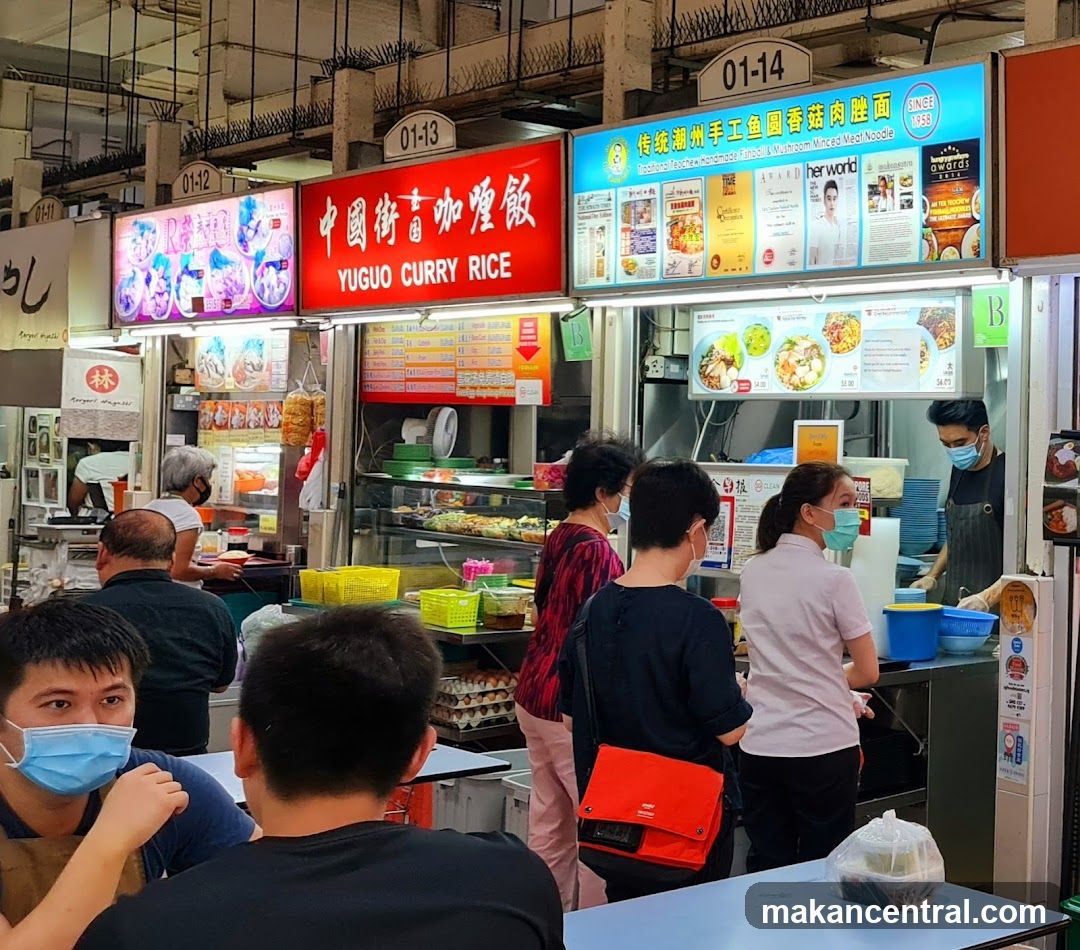 Food court interior with multiple stalls