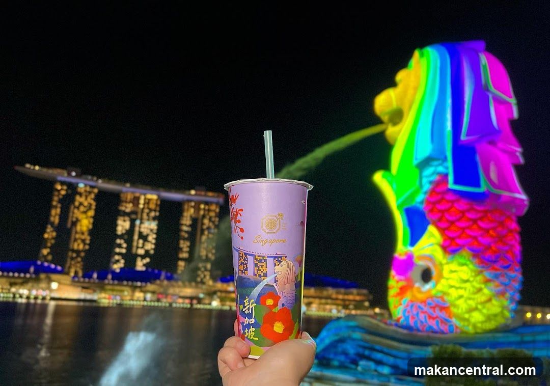 Singapore Night Scene with Merlion and Marina Bay Sands