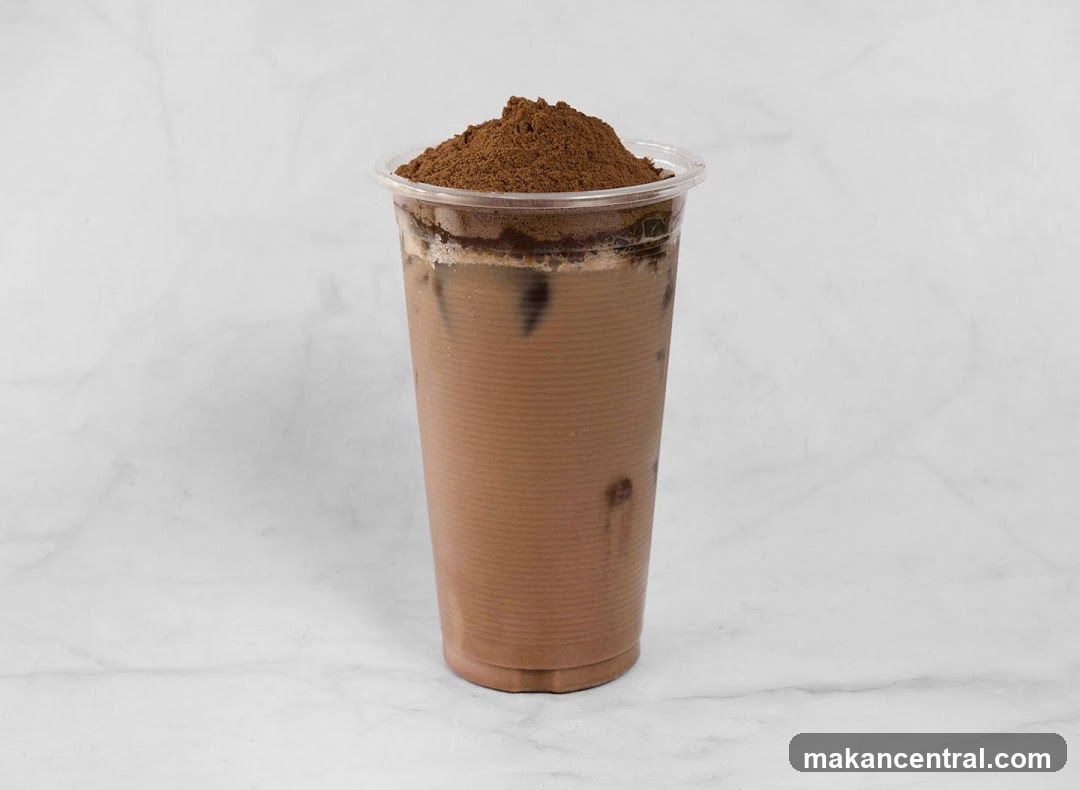 Chocolate beverage with powder topping