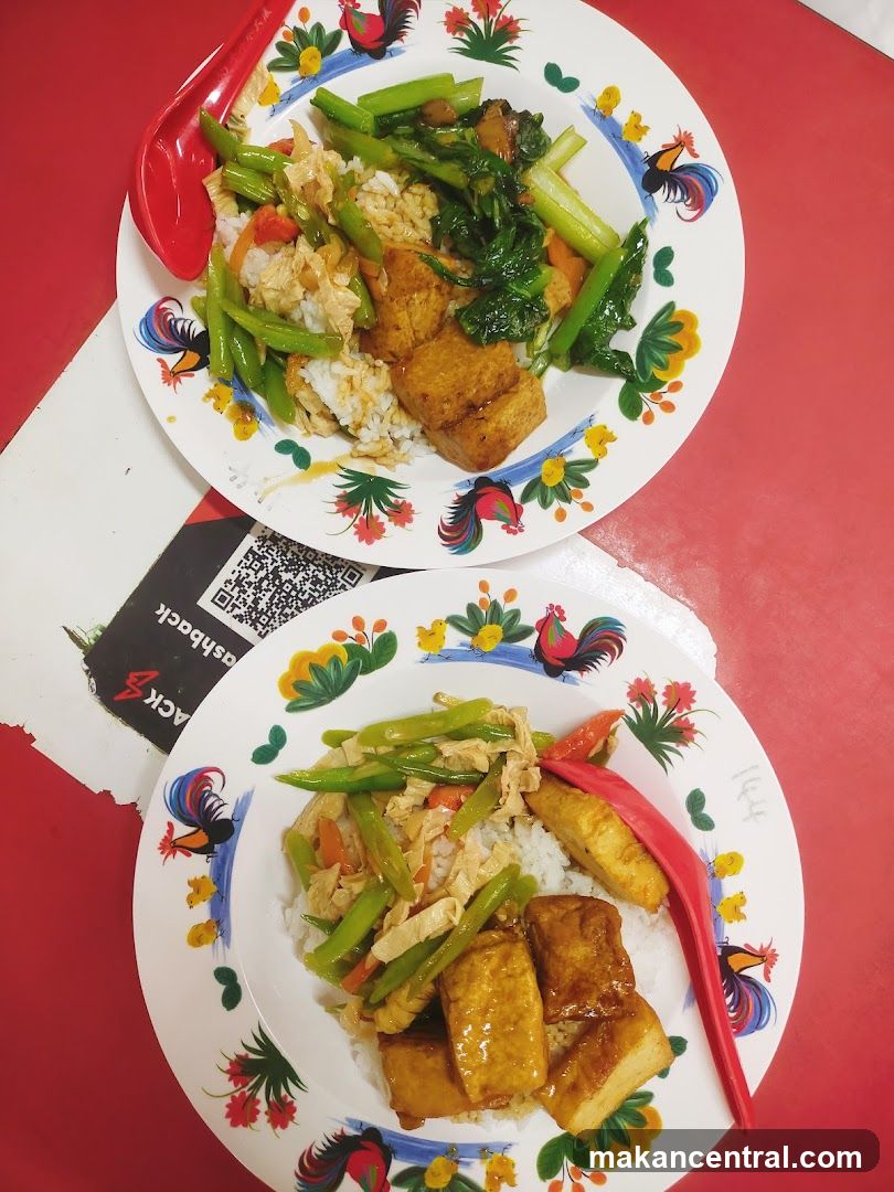 Two plates of rice with tofu and vegetables