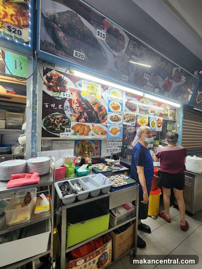 Food stall interior with customers and display
