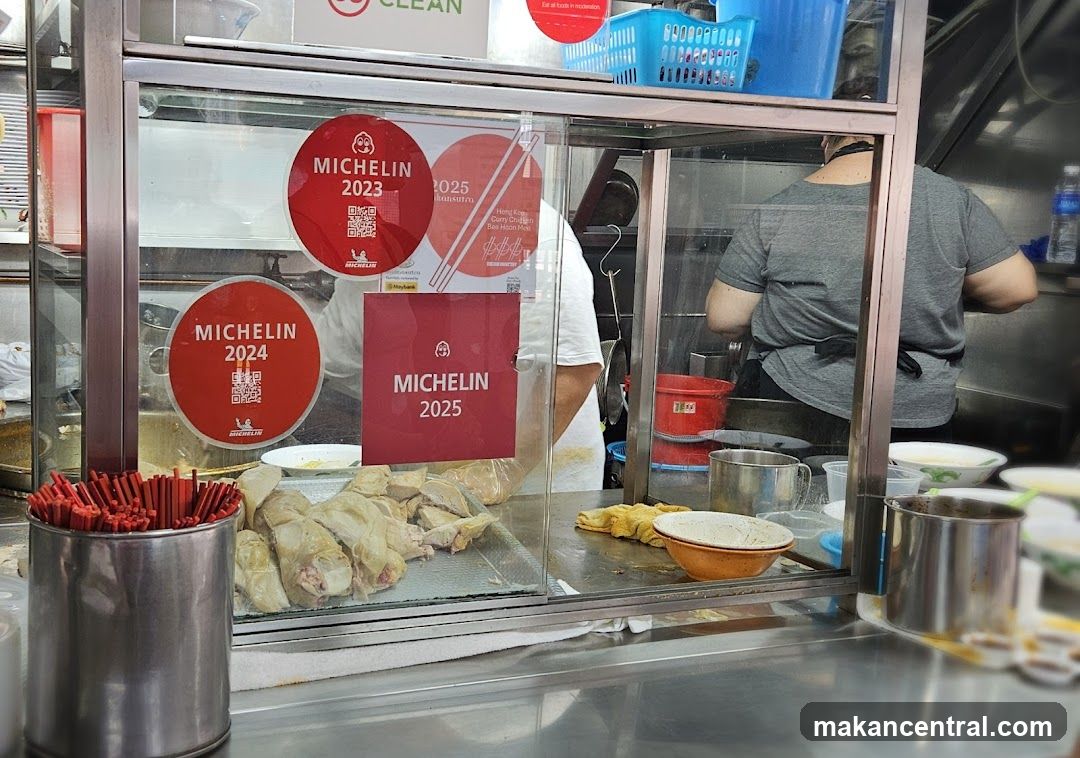 Food stall interior with Michelin signage