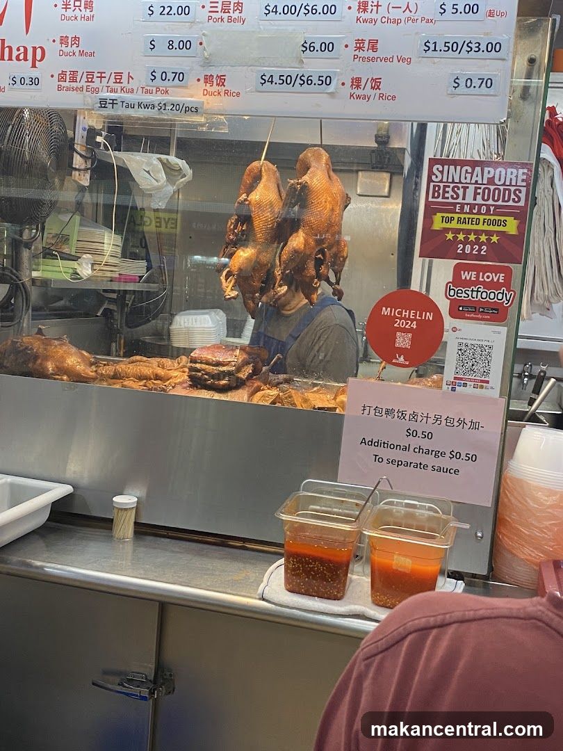 Food stall interior with roasted ducks and pricing board