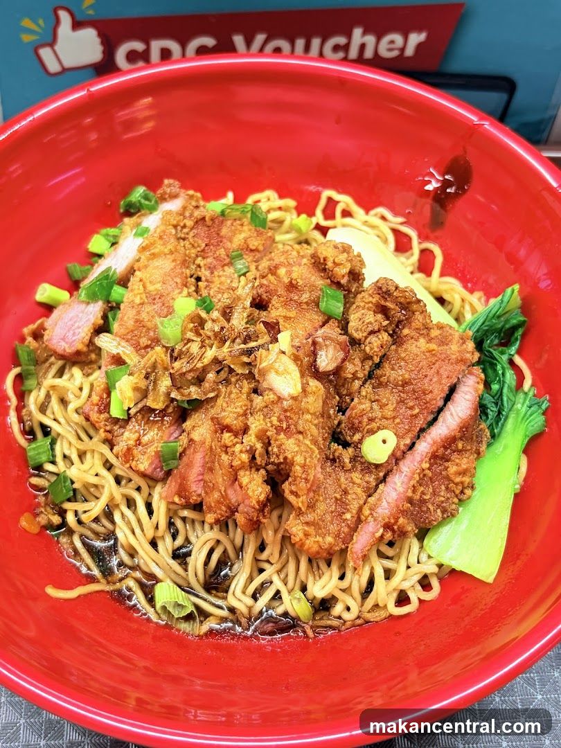 Noodle dish in red bowl