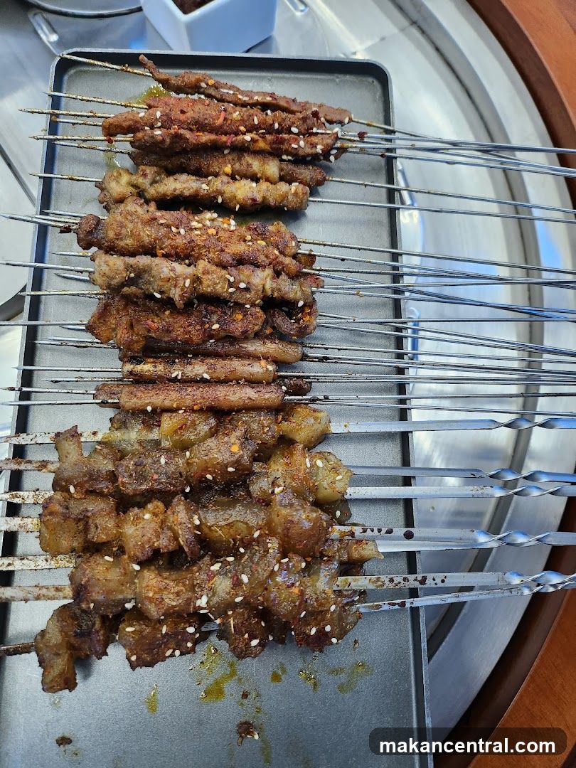 Grilled skewers on tray