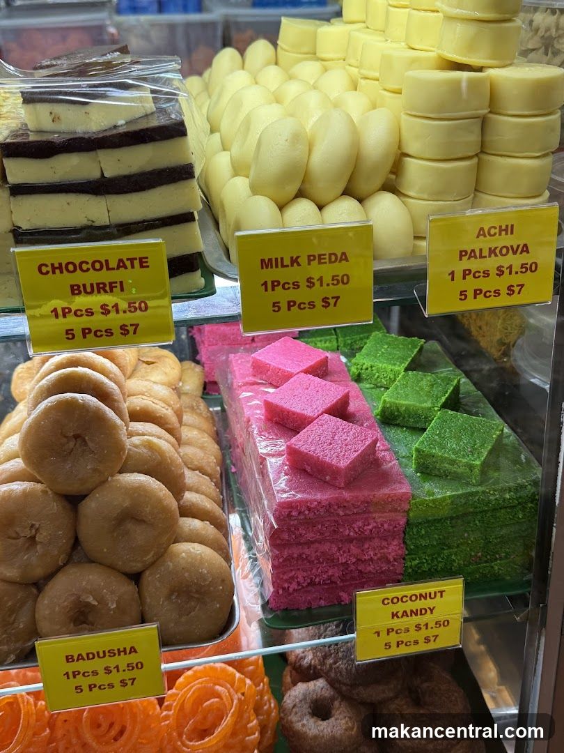 Display of Indian sweets in a glass case
