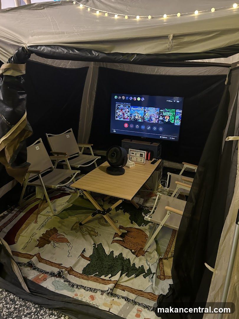 Cozy Tent Setup with Gaming Station