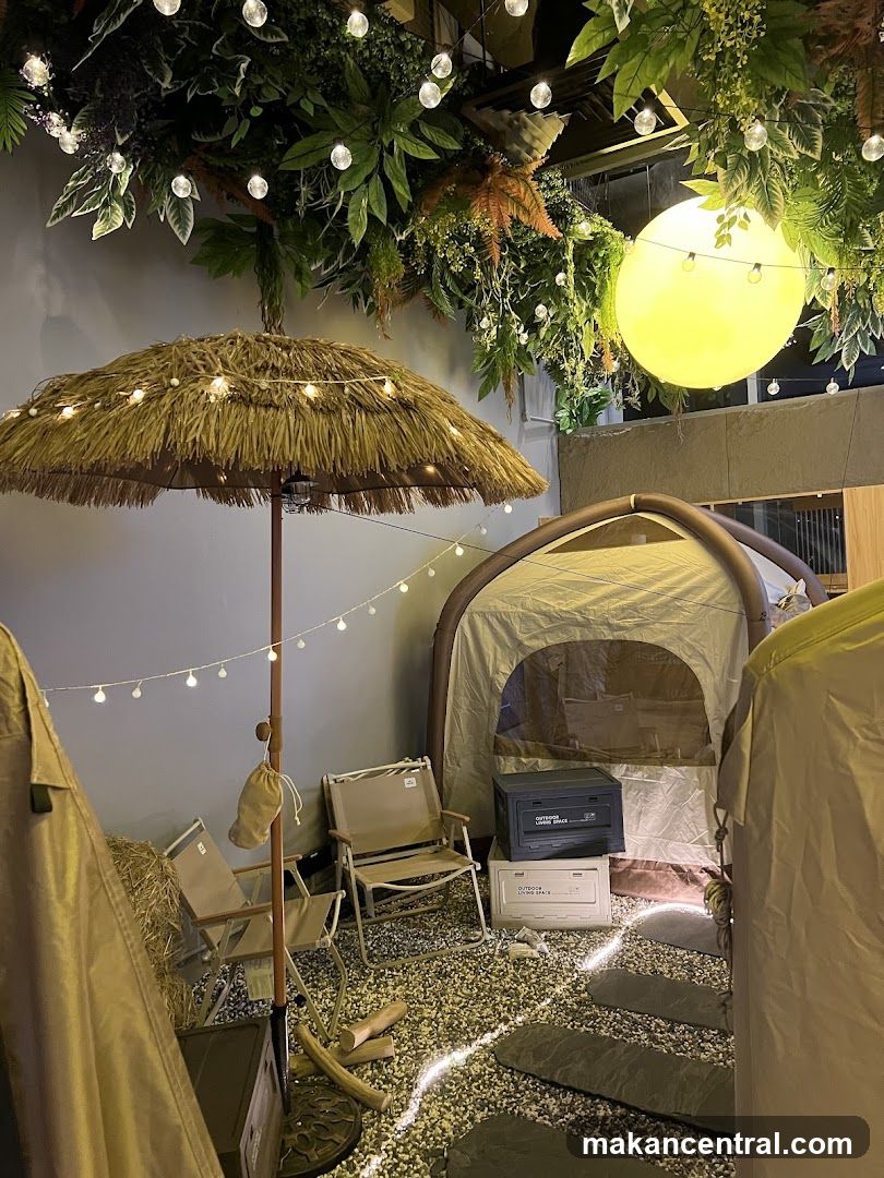 Camping-themed interior with tents and decor