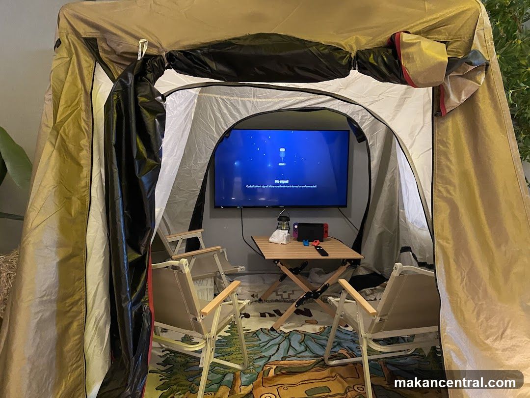 Tent Interior with Entertainment Setup