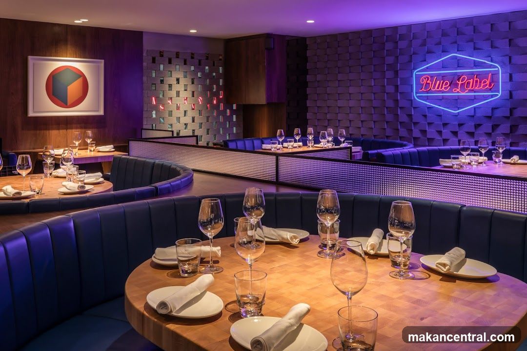Restaurant Interior with Blue Neon Sign