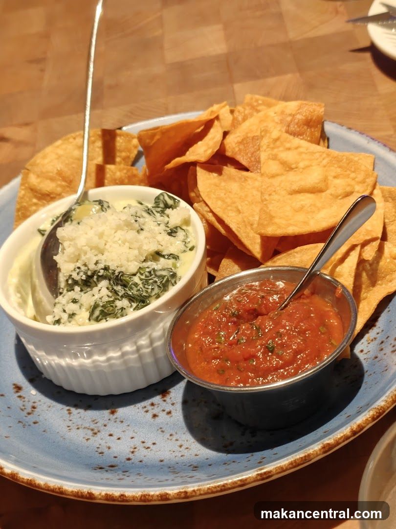 Spinach Dip with Tortilla Chips and Salsa