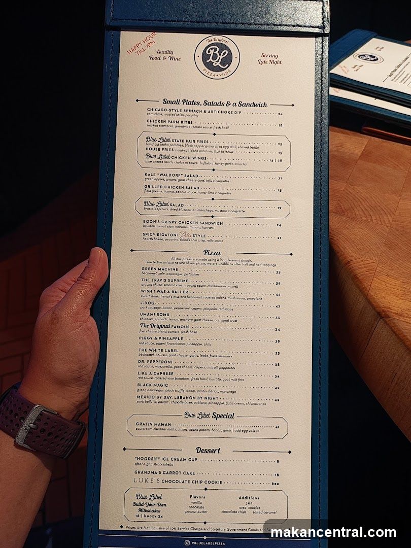 Blue Label Pizza Menu