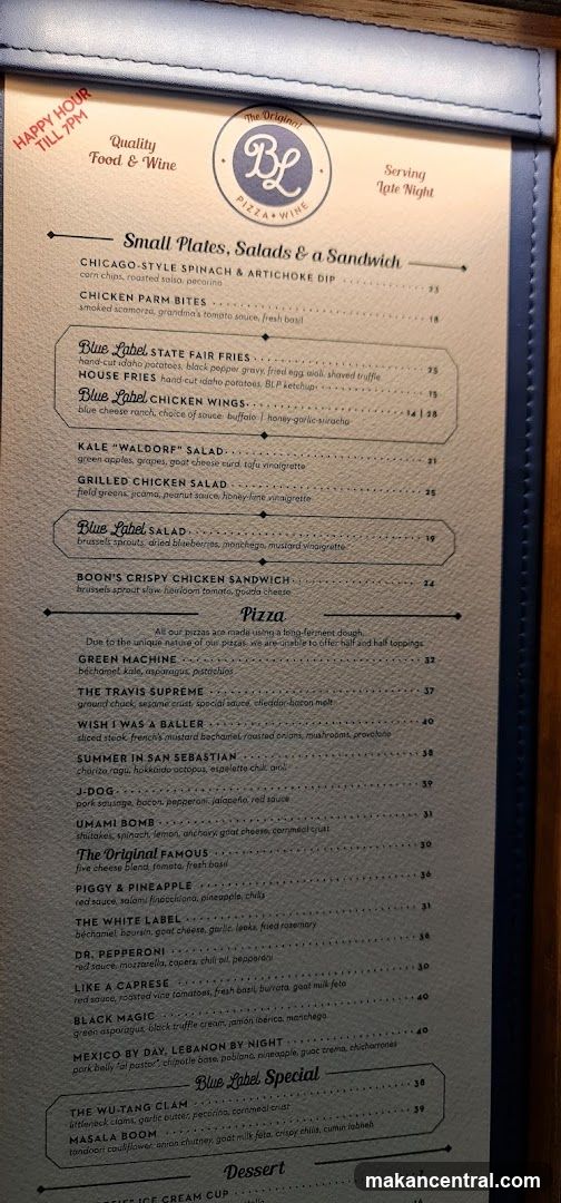 Blue Label Pizza & Wine Menu