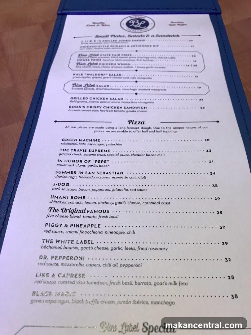 Blue Label Pizza Menu