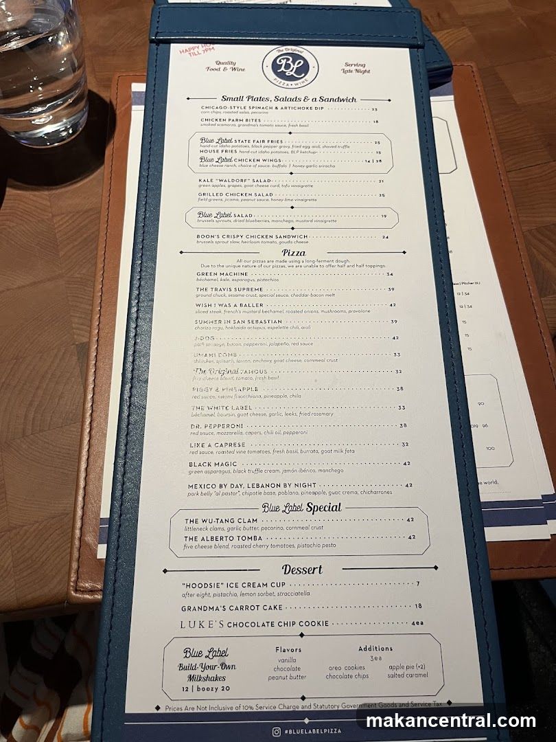 Blue Label Pizza Menu