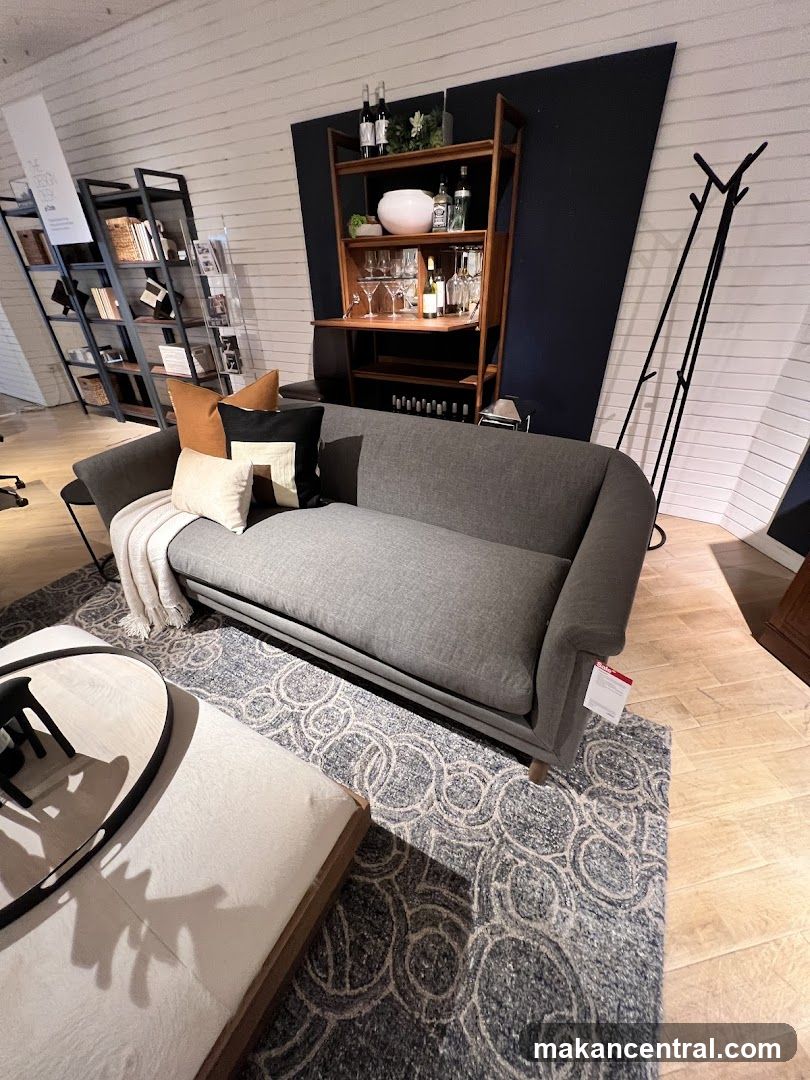 Living room display with sofa and bar cabinet