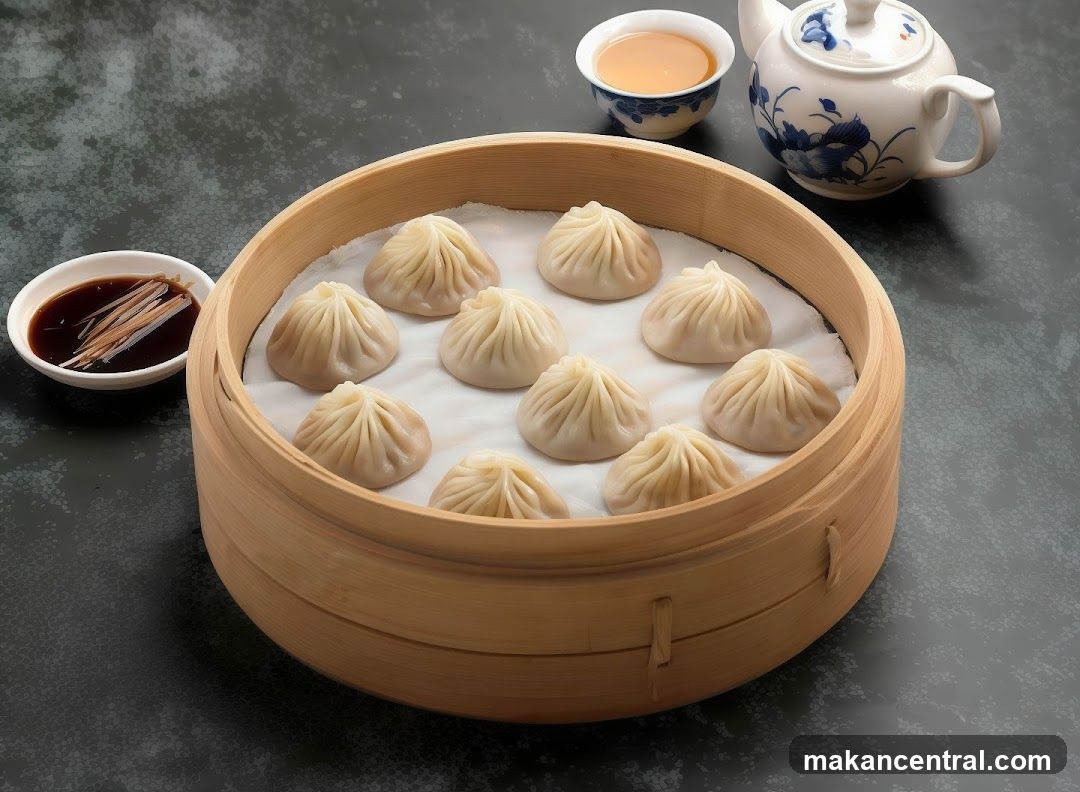 Steamed Dumplings with Tea and Dipping Sauce