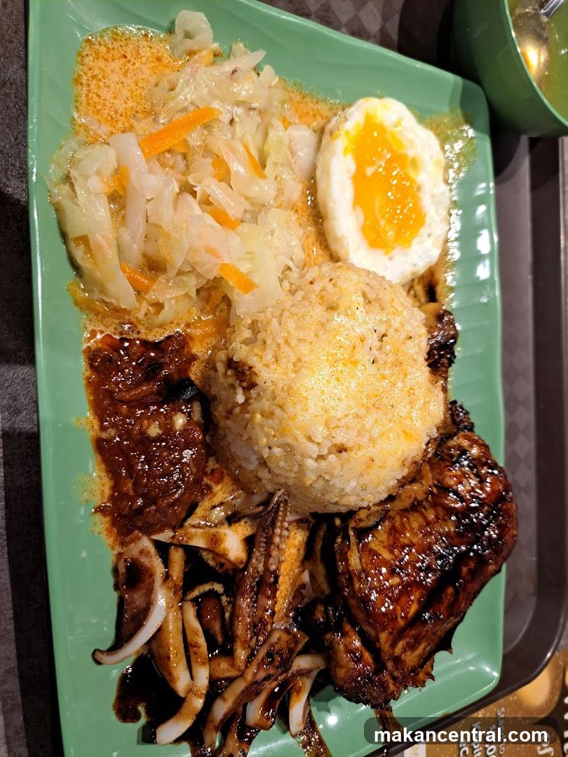 Nasi Lemak with Grilled Squid and Chicken