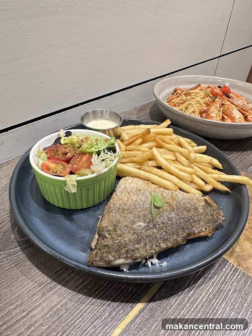 Fish and Chips with Salad and Pasta