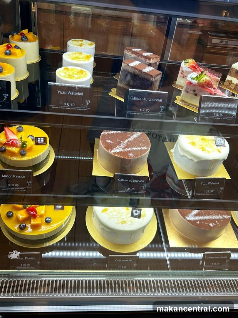 Cakes in a display case
